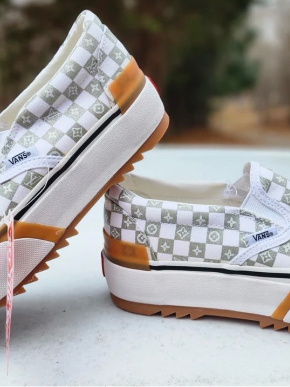 Custom Vans Slip-On Platform Sneakers - White & Olive Green Checkerboard - Picture 3 of 8